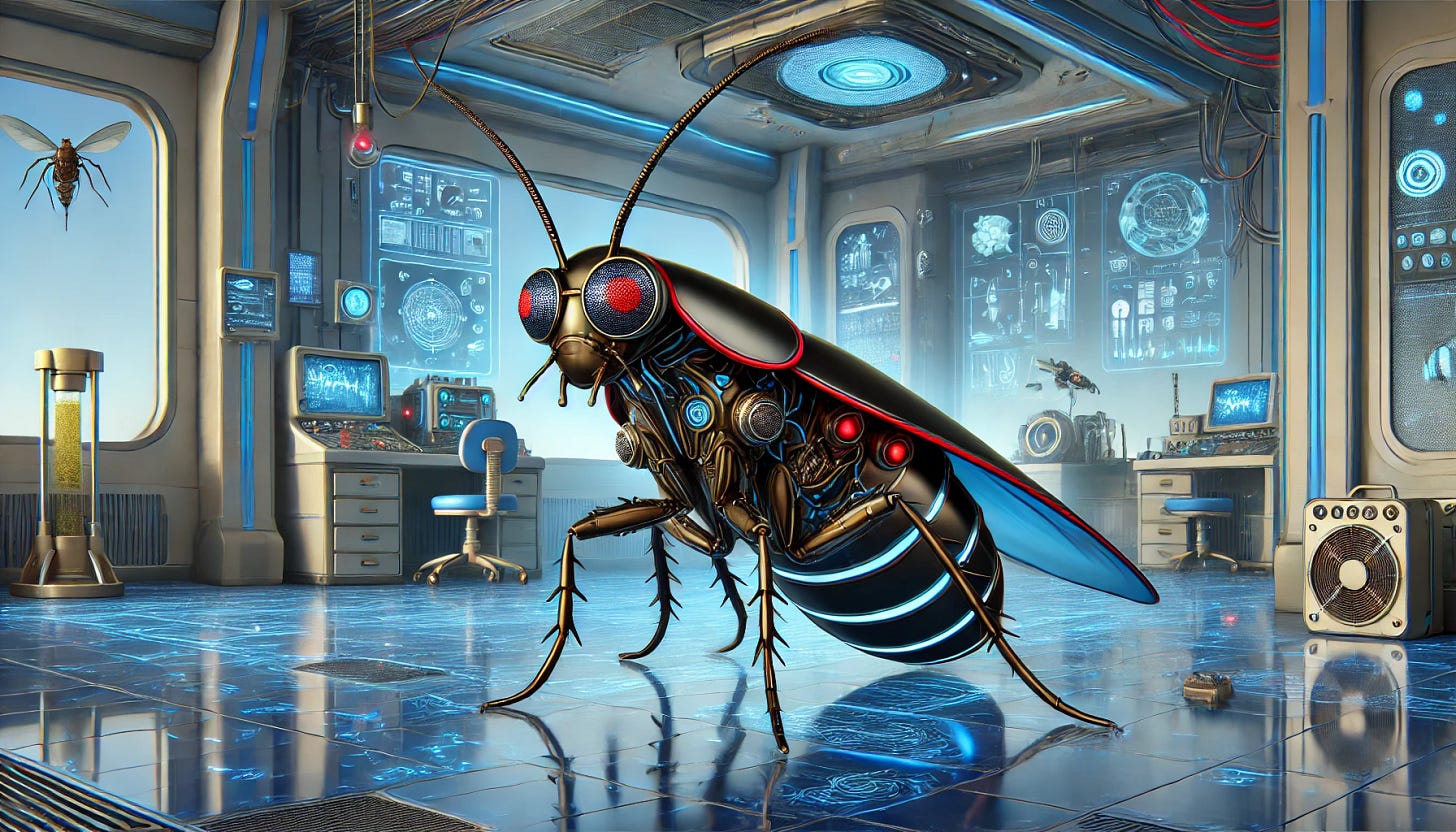 A semi-realistic illustration of a spy-cyborg cockroach in a futuristic laboratory. The cockroach has a sleek robotic exoskeleton with glowing blue and red circuits, tiny high-tech goggles, and a small backpack filled with advanced spy gadgets. Its antennae are equipped with miniature sensors, and one of its legs is a mechanical claw. The laboratory is filled with advanced machinery, glowing holographic screens, and mysterious scientific equipment. The scene is wider, showing more details of the high-tech environment on both sides.