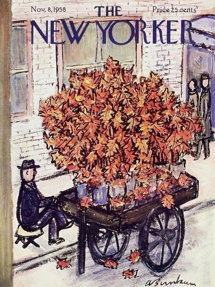 This may contain: the new yorker magazine cover shows a woman pushing a cart full of autumn leaves