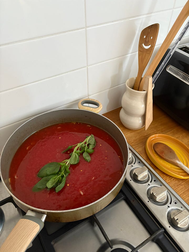 A saucepan of marinara tomato sauce, with a sprig of basil on top. A bowl of pasta mixed with marinara sauce and topped with Parmesan.