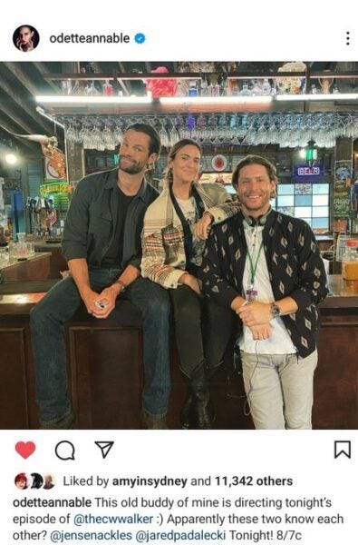 Odette Annable instagram post with Jensen Ackles bulging on Jared Padalecki for Walker. Odette Annable instagram post with Jensen Ackles bulging on Jared Padalecki for Walker.