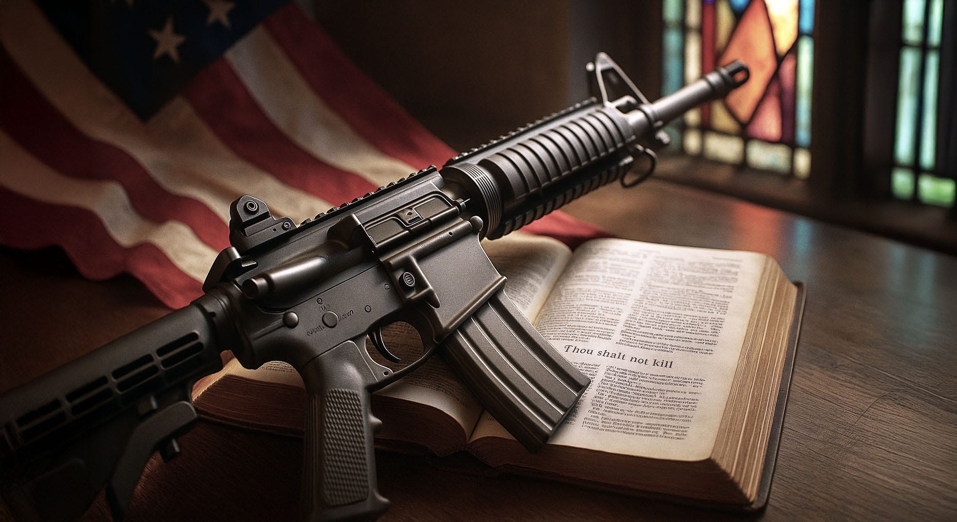 An AR-15 rifle lying across an open Bible under stained-glass light with an American flag in the background.