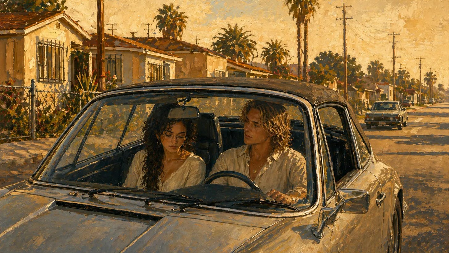 Young man parks in a sunlit neighborhood while a young Mexican American woman beside him looks down, creating a quiet, tense mood inside the car. San Diego, CA. Shelltown