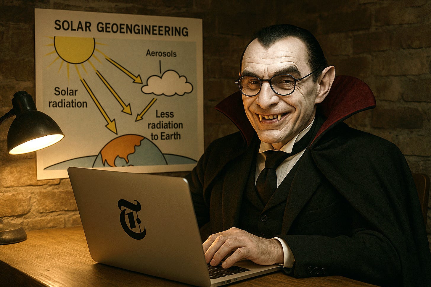 Count Dracula wearing glasses in a dimly lit basement, writing on a laptop with a New York Times sticker, a solar geoengineering diagram on the wall beside him.