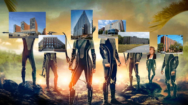 University of Iowa Residence Halls over Hunger Games characters' faces