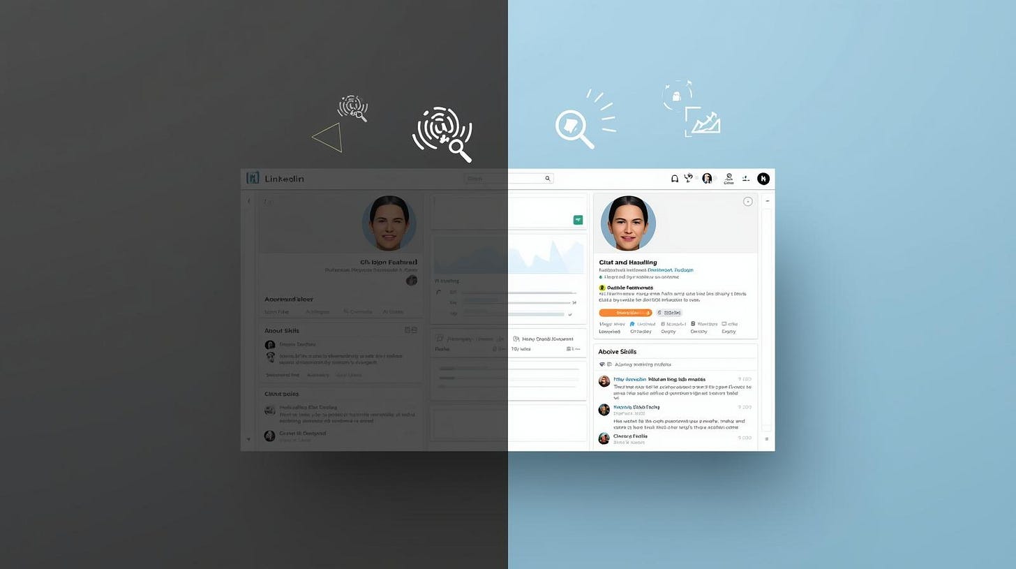 Split view of incomplete and complete LinkedIn profiles showing hidden ranking signals. Split view of incomplete and complete LinkedIn profiles showing hidden ranking signals.