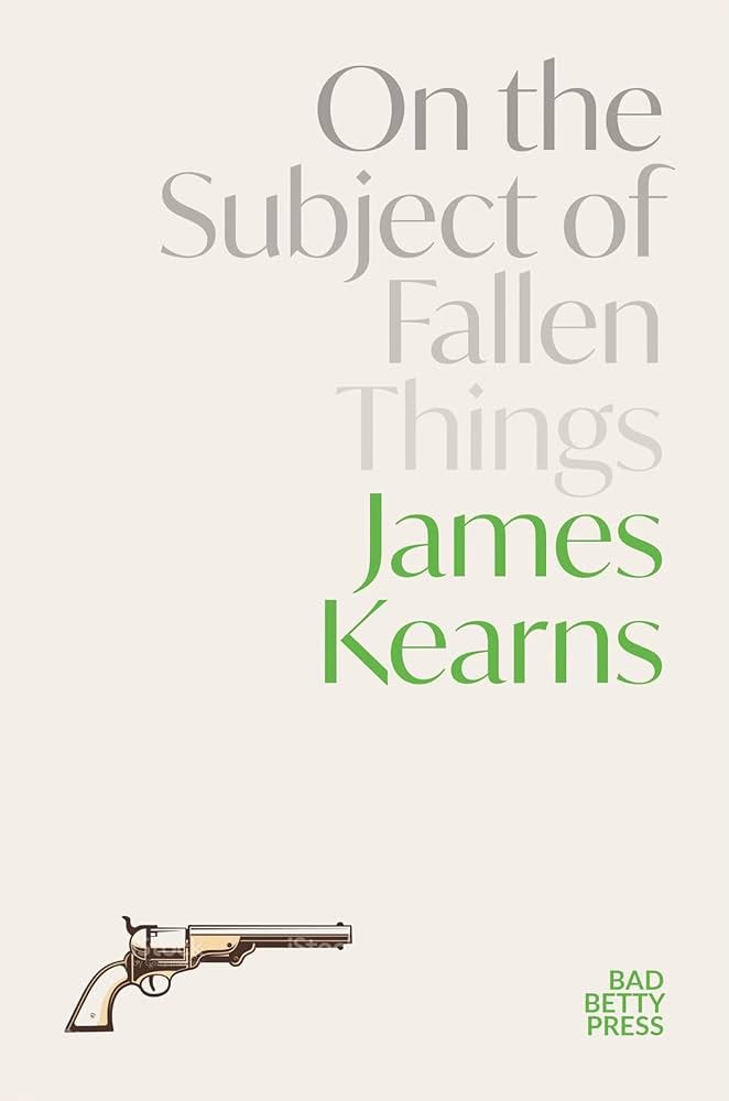 Book cover in grey with text in darker grey and bright green, and a small handgun in the bottom left corner