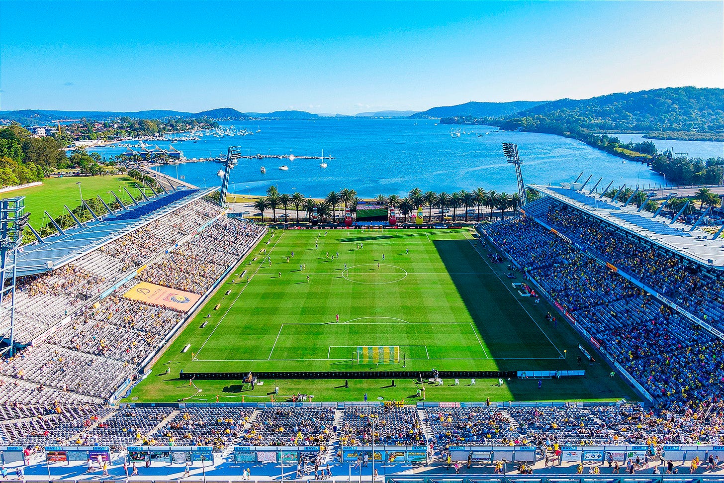 Central Coast Stadium with Brisbane Water in the background