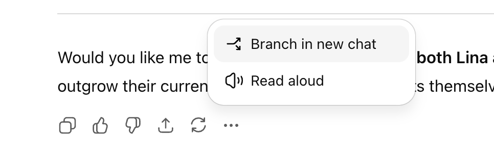 A screenshot of a ChatGPT interface showing a conversation. Text reads, "Would you like me to outgrow their current both Lina." Options include "Branch in new chat" and "Read aloud" icons, with additional icons like thumbs up, thumbs down, and a refresh symbol.