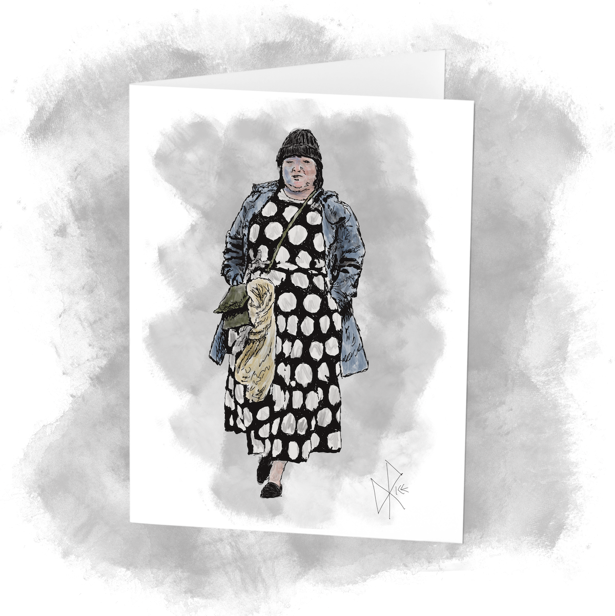 Hands in her pockets, a woman in a dress, jacket and winter cap out walking on the sidewalk. Sketch art by Don Rice. Hands in her pockets, a woman in a dress, jacket and winter cap out walking on the sidewalk. Sketch art by Don Rice.