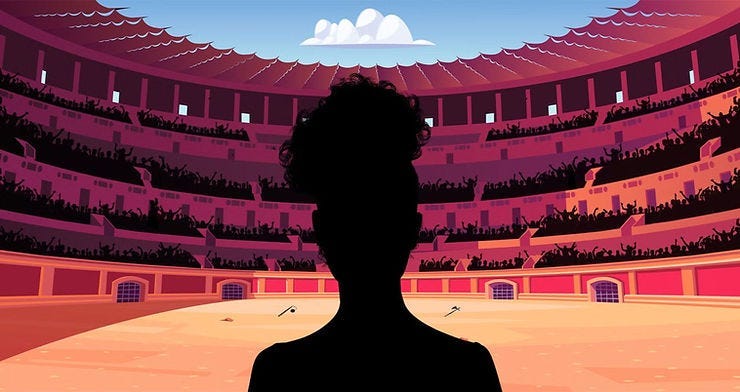 Silhouette of a person facing a crowded, cheering arena under a blue sky with clouds. Bright colors and shadows enhance the festive mood. Silhouette of a person facing a crowded, cheering arena under a blue sky with clouds. Bright colors and shadows enhance the festive mood.