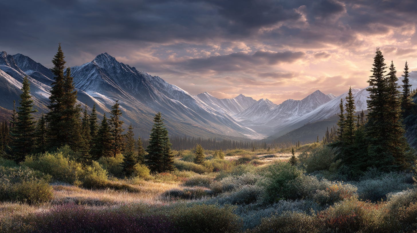 Beautiful wilderness scene from forest to snowcapped mountains Beautiful wilderness scene from forest to snowcapped mountains