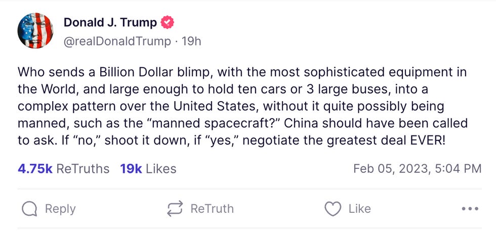 Who sends a Billion Dollar blimp, with the most sophisticated equipment in the World, and large enough to hold ten cars or 3 large buses, into a complex pattern over the United States, without it quite possibly being manned, such as the \u201cmanned spacecraft?\u201d China should have been called to ask. If \u201cno,\u201d shoot it down, if \u201cyes,\u201d negotiate the greatest deal EVER! Who sends a Billion Dollar blimp, with the most sophisticated equipment in the World, and large enough to hold ten cars or 3 large buses, into a complex pattern over the United States, without it quite possibly being manned, such as the \u201cmanned spacecraft?\u201d China should have been called to ask. If \u201cno,\u201d shoot it down, if \u201cyes,\u201d negotiate the greatest deal EVER!