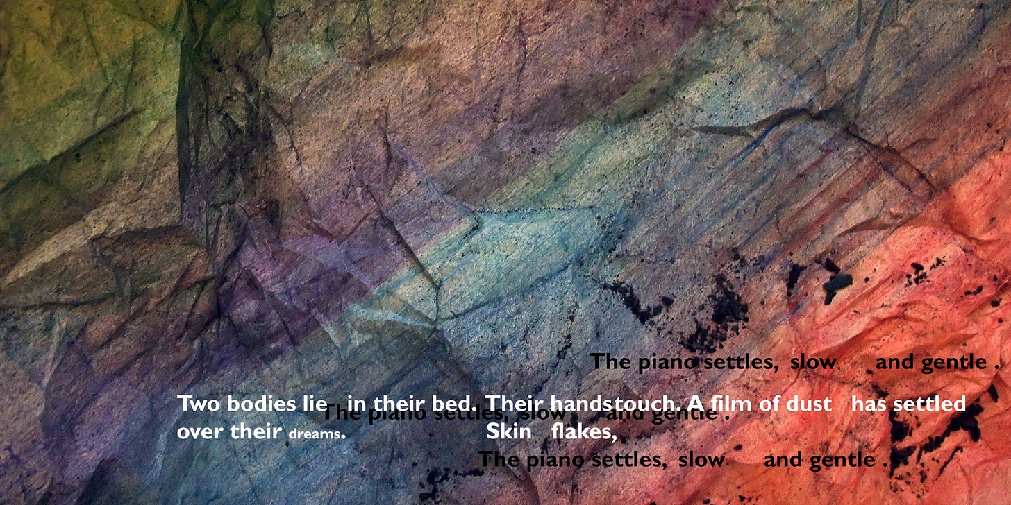 Pastel background of purples and reds with charcoal dust and text