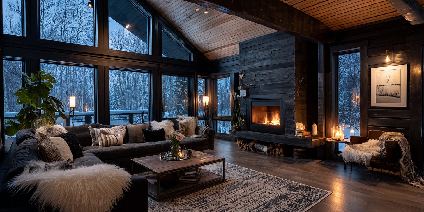 Modern Canadian northern cabin interior with dark wood, birch accents, and ambient lighting Modern Canadian northern cabin interior with dark wood, birch accents, and ambient lighting