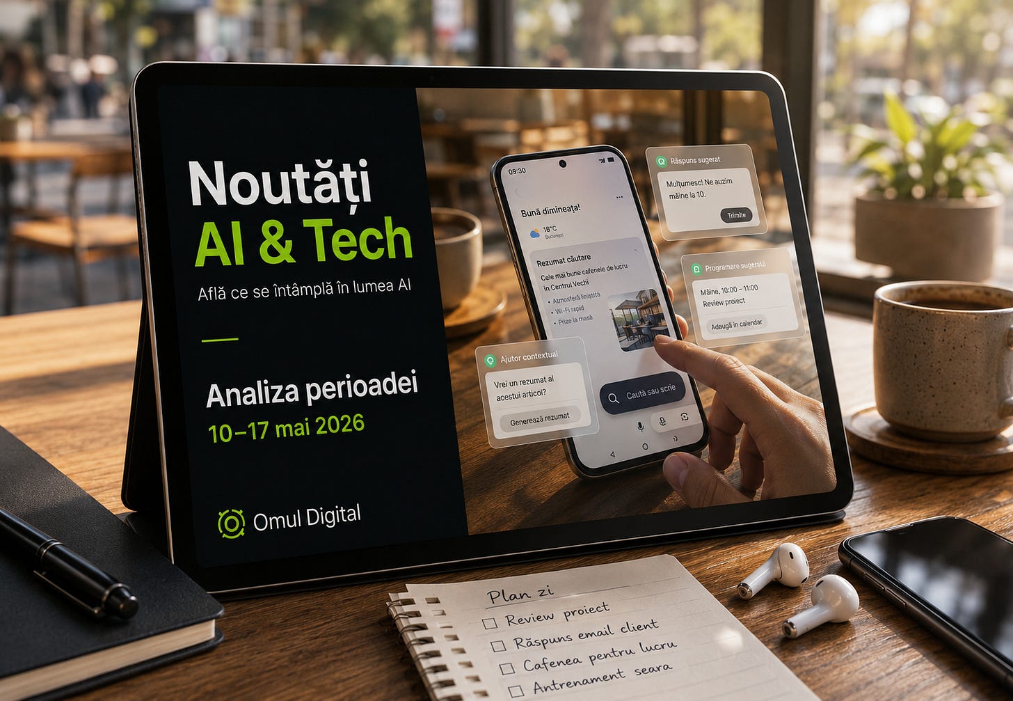 Tabletă cu un cover Omul Digital pentru Noutăți AI & Tech, afișând un smartphone cu sugestii AI, rezumate de căutare și recomandări contextuale, sugerând integrarea inteligenței artificiale în telefon, căutare și activitățile digitale zilnice. Tabletă cu un cover Omul Digital pentru Noutăți AI & Tech, afișând un smartphone cu sugestii AI, rezumate de căutare și recomandări contextuale, sugerând integrarea inteligenței artificiale în telefon, căutare și activitățile digitale zilnice.
