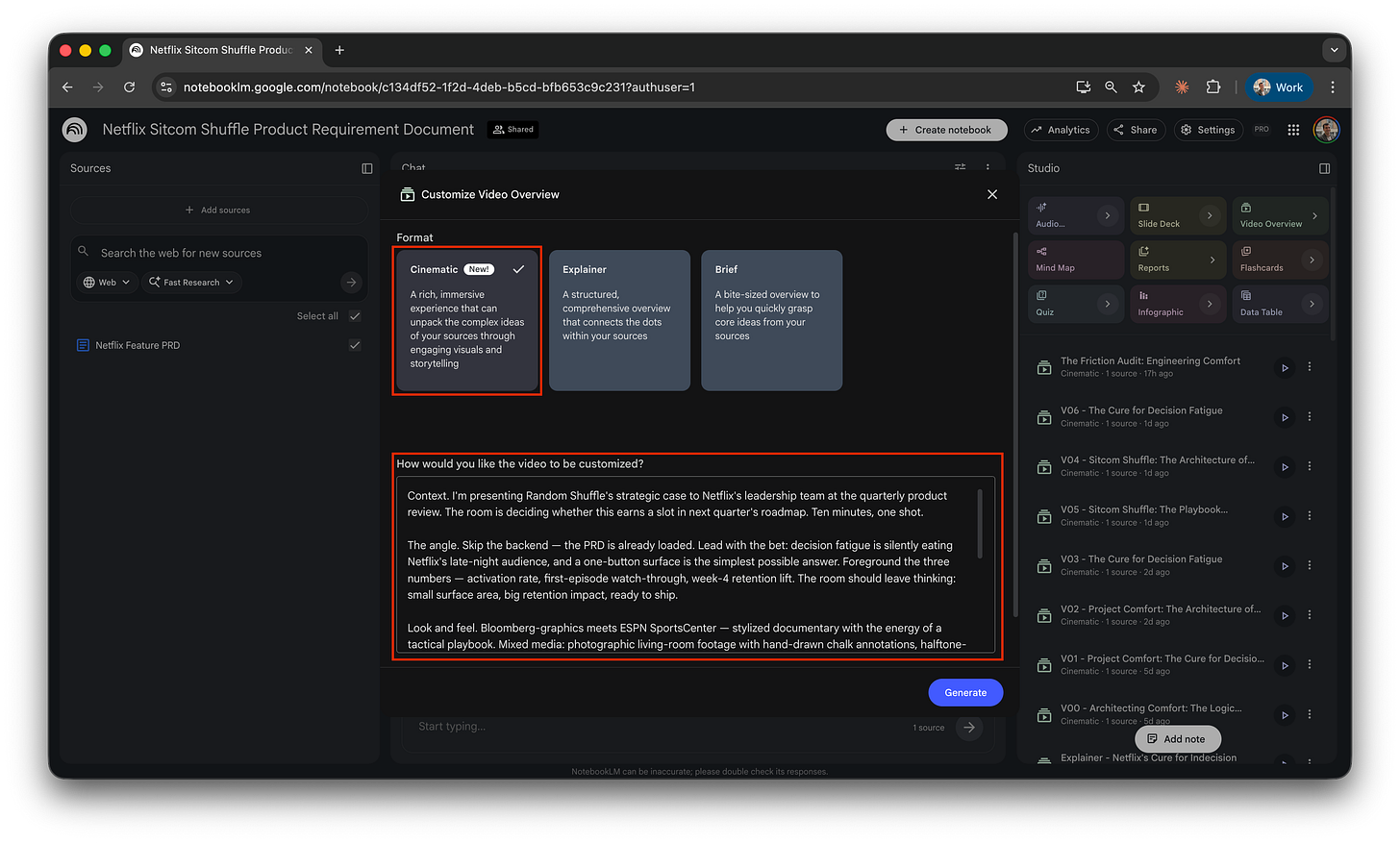NotebookLM’s Customize Video Overview modal with the Cinematic format selected and a long instructions block visible in the customization field.
