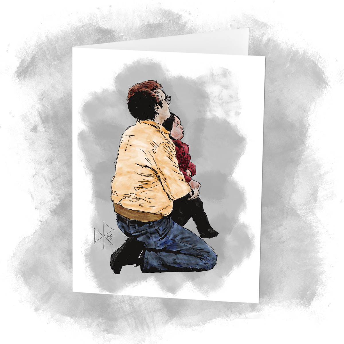 A man balances with one knee on the ground and the other used as a seat for his young son - giving them both a good view of a performance that they seem to find engaging and enjoyable. Sketch art by Don Rice.