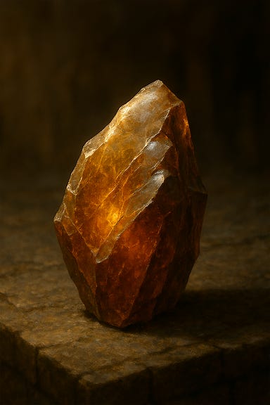 A small amber shard resting on a dark, dusty surface. The shard is translucent golden-orange, with internal fractures that catch the light like trapped fire. Its edges are uneven and sharp, as though broken from a larger crystal. Faint motes of dust drift around it, and the dim surroundings evoke the eerie atmosphere of the Death House. The shard glows subtly from within, hinting at hidden power now long lost.