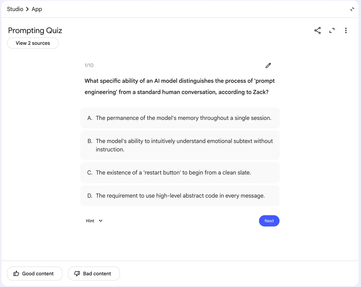 NotebookLM default multiple choice quiz where the phrasing half-carries you to the answer NotebookLM default multiple choice quiz where the phrasing half-carries you to the answer