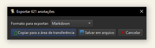 Prompt do ebook reader avisando que eu estava exportando 621 anotações