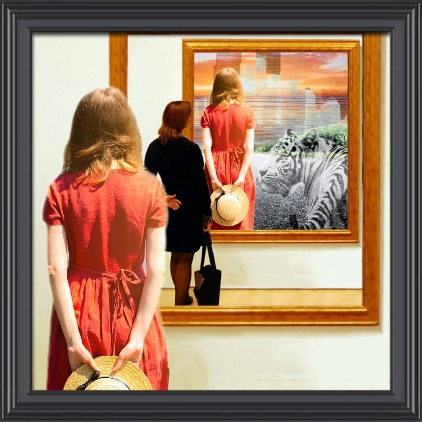 art of a women watching another woman, that's watching a different version of her watching a painting