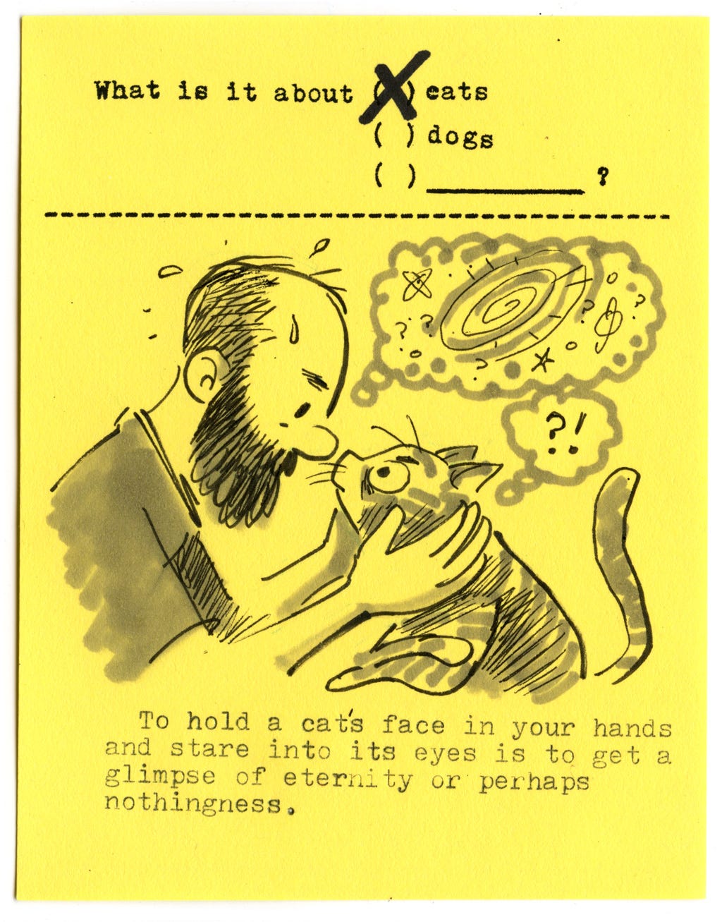 What is it about cats?   To hold a cat's face in your hands and stare into its eyes is to get a glimpse of eternity or perhaps nothingness.