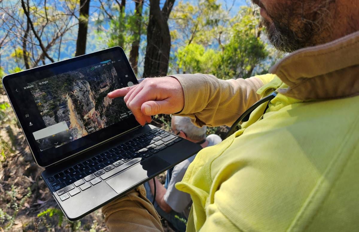 Trent identifying possible Isopogon fletcheri locations using the drone’s camera view.