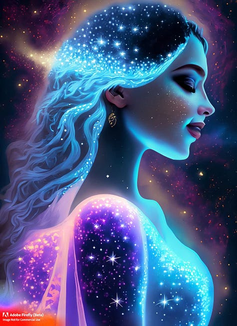 Cosmic goddesse, galaxy in jar, landscapes, flowers, race care two females