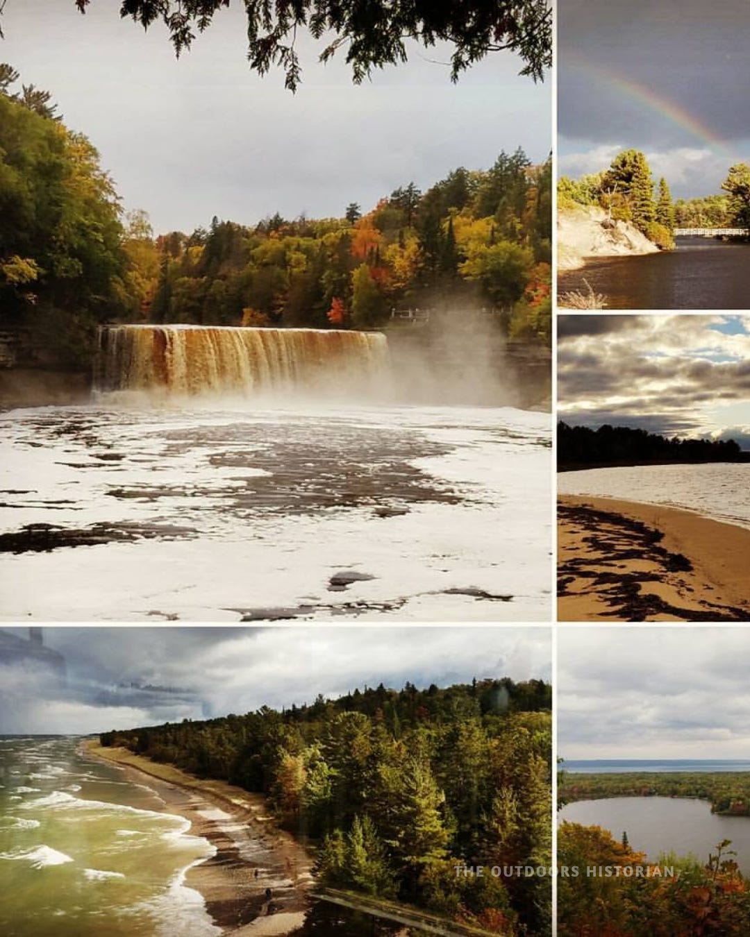 Collage of five Upper Peninsula fall scenes: Tahquamenon Falls with fall color in the background, a rainbow over a riverbank, a sandy Lake Superior beach, a forested shoreline seen from above, and an inland lake surrounded by autumn trees.
