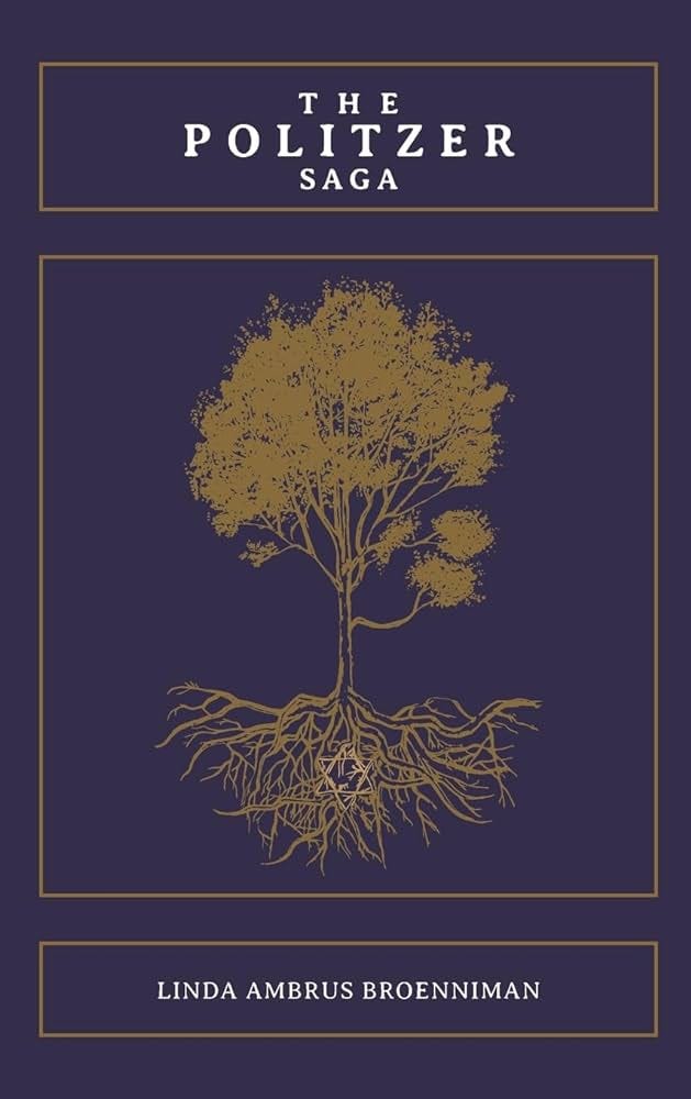 "The Pulitzer Saga" cover. The background is dark blue with a golden tree in the center. Golden accents border the title, the tree design, and the author's name.