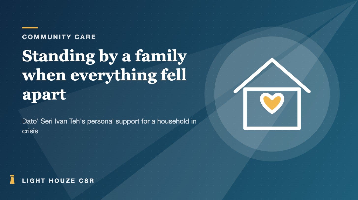 Illustration of a house outline with a gold heart inside, on a deep blue background, with the headline Standing by a family when everything fell apart, for a Light Houze CSR story on Dato' Seri Ivan Teh supporting a family in hardship