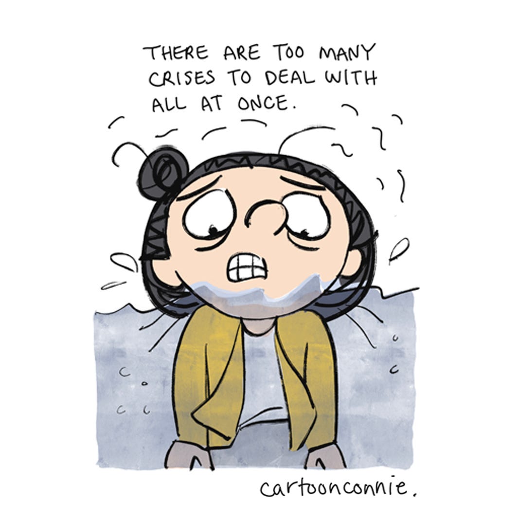 Illustrated excerpt from a 4-panel comic strip about weathering anxiety about change and disruption without A.I. chatbots, titled "The Temptation of A.I." by Connie Sun, cartoonconnie, 2026.