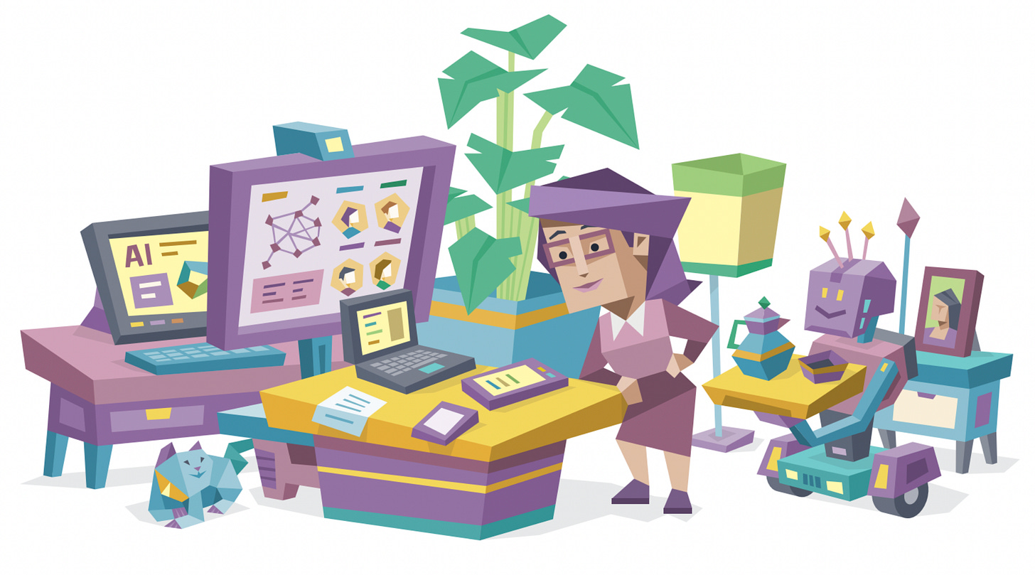An INTJ (Architect) woman working at her computer workstation, analyzing data and charts on multiple screens. A robot serves tea behind her while a cat rests curled up by the desk. They’re surrounded by office supplies, technology equipment, and a large plant.