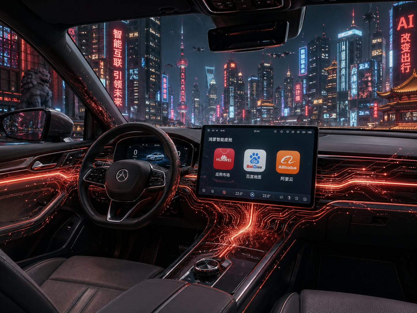 Vue intérieure d’une voiture électrique moderne. Un grand écran central affiche une interface en chinois avec des icônes liées à Huawei, Baidu et Alibaba, tandis que des circuits lumineux rouges parcourent le tableau de bord. À travers le pare-brise apparaît une ville futuriste asiatique illuminée.