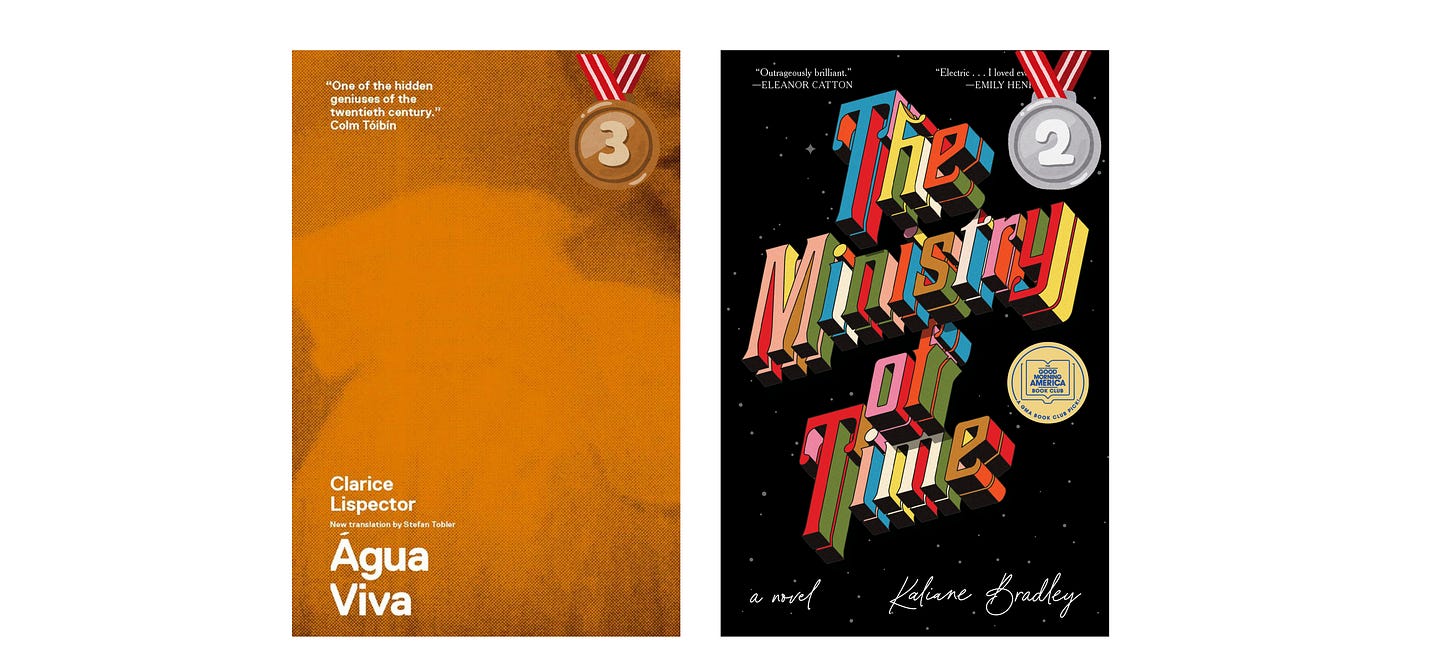 Book cover image of Agua Viva by Clarice Lispector with a bronze medal in the top right corner, and book cover image for The Ministry of Time by Kaliane Bradley with a silver medal in the top right corner