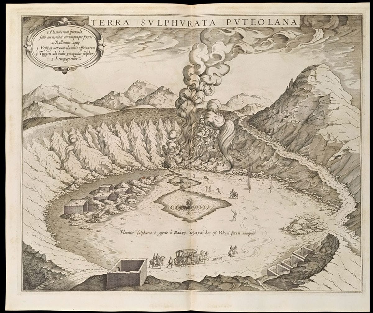 <em>Strip-Mining Sulfur at Pozzuoli</em> by Anton Eisenhoit, an engraving in the 1717 book <em>Metallotheca Vaticana </em>. <em>Strip-Mining Sulfur at Pozzuoli</em> by Anton Eisenhoit, an engraving in the 1717 book <em>Metallotheca Vaticana </em>.
