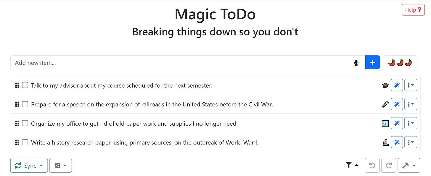 The “Magic ToDo” main page with multiple tasks listed. The “Magic ToDo” main page with multiple tasks listed.