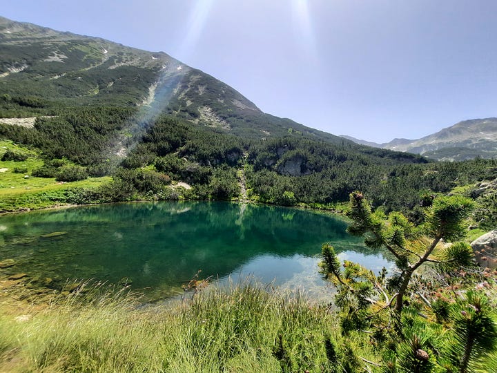 Images of fields, mountain lake, and ocean cliffs