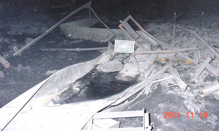 Four photographs showing Mine No. 5, a roof fall, damaged mining equipment, and an underground entry destroyed by the explosion.