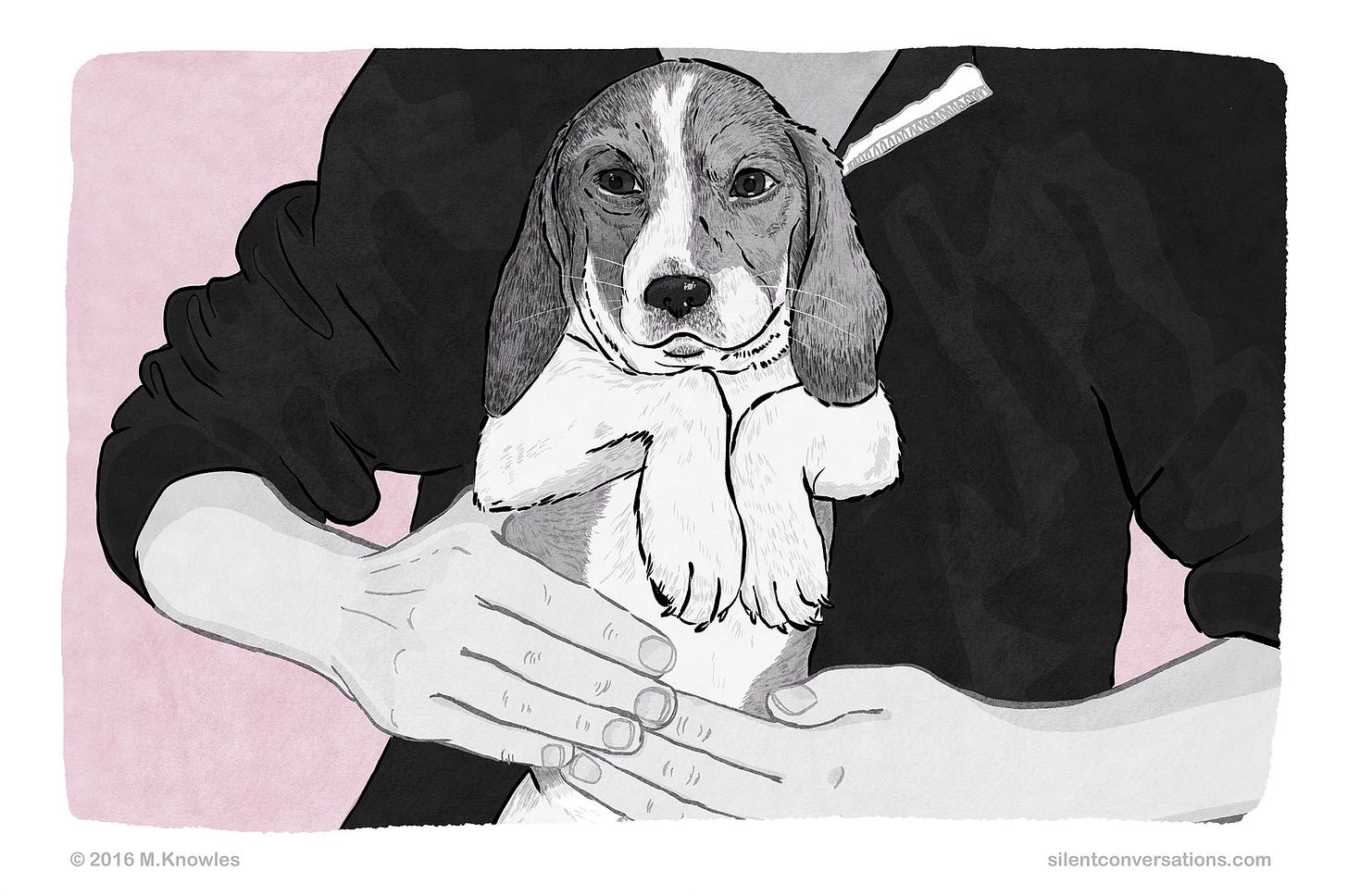 Illustration of beagle puppy with closed mouth and tense face, being held in a persons arms.
