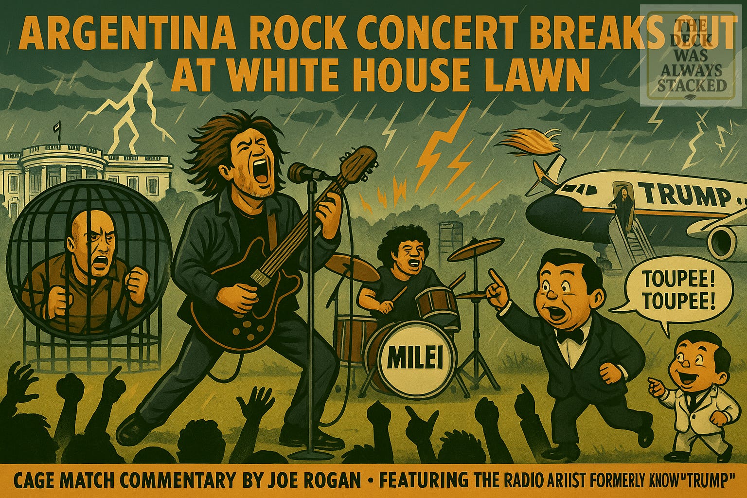 A stylised image of U.S. and Argentine flags merging into a dollar and peso swirl, overlaid by the text ‘$20 B swap line + $20 B facility’. In the corner, a faint outline of the U.S. Treasury building. Captioned: ‘Uncle Sam’s gamble on Argentina ties value, politics and leverage into one loop.