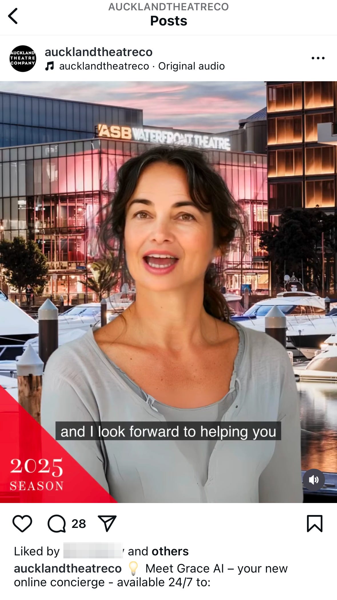 A screenshot from Auckland Theatre Company’s Instagram post. We see an AI-generated woman with dark hair tied back speaking in front of a digitally rendered background of the ASB Waterfront Theatre. The post promotes ‘Grace AI,’ the company’s new online concierge, available 24/7 for their 2025 season. A red banner in the bottom left corner displays ‘2025 SEASON.’ The caption reads, ‘Meet Grace AI – your new online concierge."