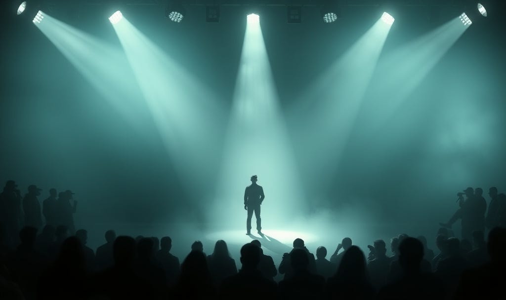 Central figure standing with multiple spotlights and watching silhouettes fading away into mist, representing overcoming the spotlight effect and social anxiety