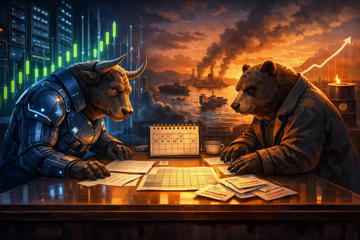 Cinematic bull and bear at trading desk Cinematic bull and bear at trading desk
