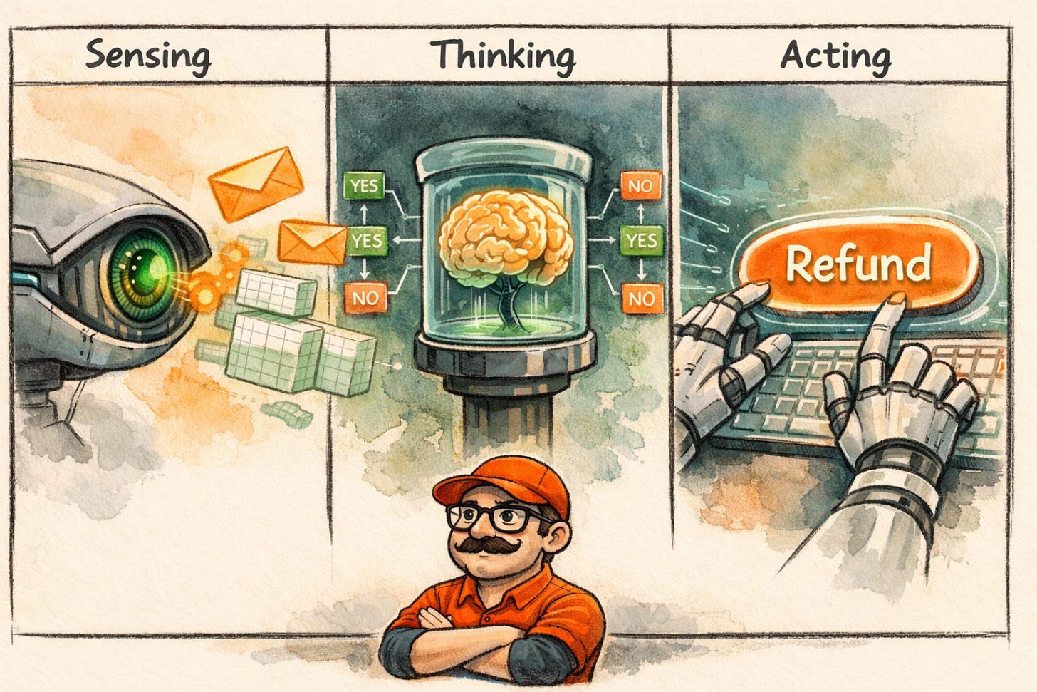 Three pillars of agentic automation: Sensing receives data, Thinking makes decisions, Acting executes tasks Three pillars of agentic automation: Sensing receives data, Thinking makes decisions, Acting executes tasks