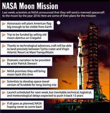 [Image shows a satirical infographic titled "NASA Moon Mission" with subtitle "Last week, scientists at NASA announced that they will send a manned spacecraft to the moon by the year 2018. Here are some of their plans for the mission:" with a photograph of a rocket launch]  NASA Moon Mission; Last week, scientists at NASA announced that they will send a manned spacecraft to the moon by the year 2018. Here are some of their plans for the mission:; Astronauts will plant American flag big enough to be visible from Earth; Trip to be funded by selling old moon detritus on Craigslist; Thanks to technological advances, craft will be able to land precisely between Tycho crater and Virgin Atlantic Resort at Mare Tranquillitatis; Dramatic narration to be provided by actor Patrick Stewart; NASA promises they will bring moon back this time; Scientists to develop space-travel version of Scrabble for long, boring trip; Launch scheduled for next week, but inevitable technical, logistical, and meteorological delays expected to push it back 13 years; If all goes as planned, NASA hoping never to come back.