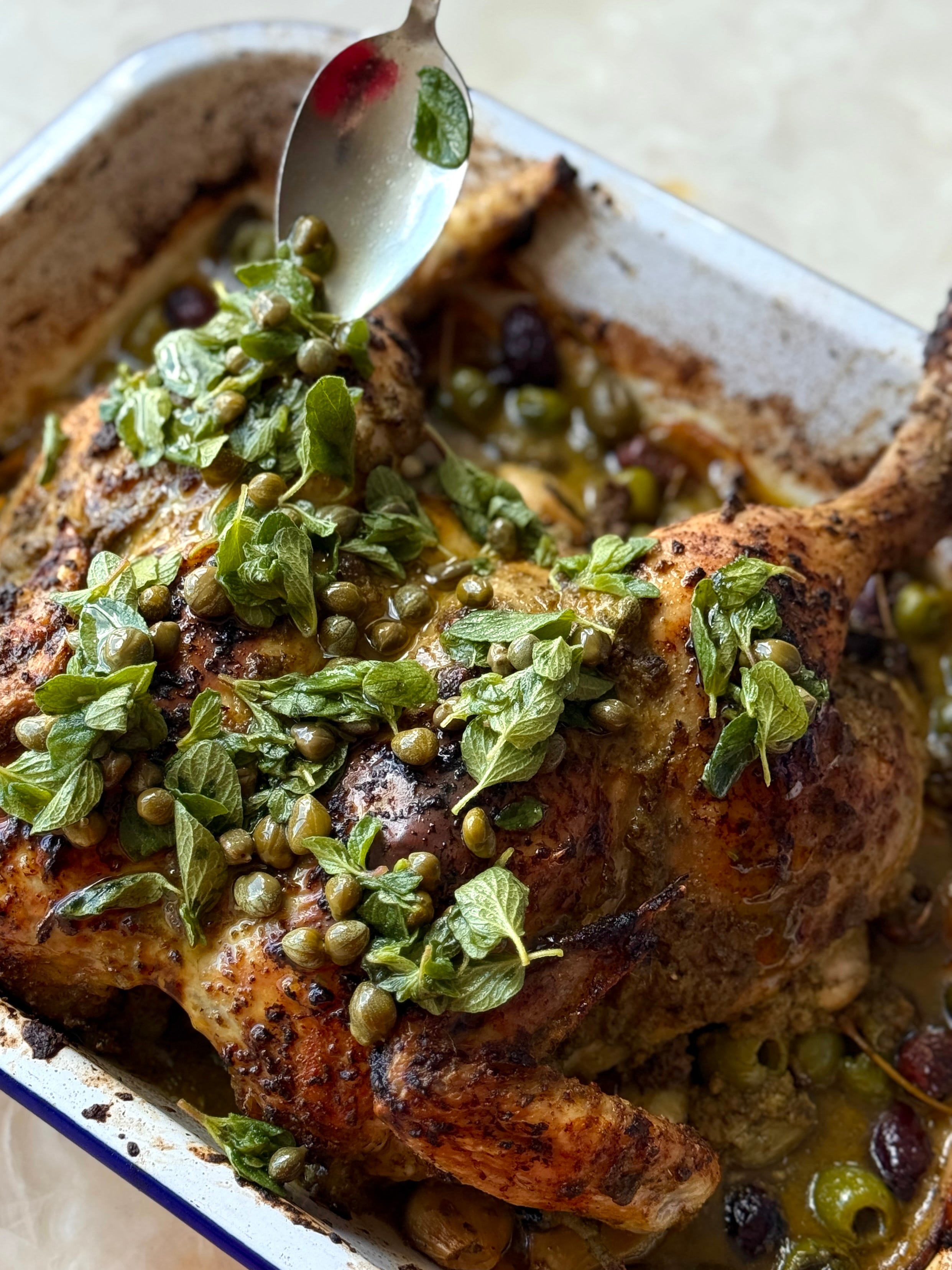 Spring roast chicken and a cherry crumble