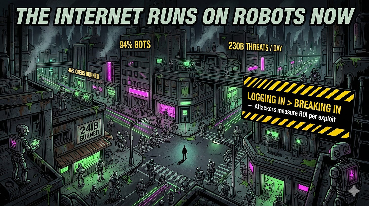 Bar chart from Cloudflare 2026 Threat Report showing bot-driven login attempts at 94%, with 46% of human login attempts using previously compromised credentials — dark themed, industrial green highlights. Bar chart from Cloudflare 2026 Threat Report showing bot-driven login attempts at 94%, with 46% of human login attempts using previously compromised credentials — dark themed, industrial green highlights.