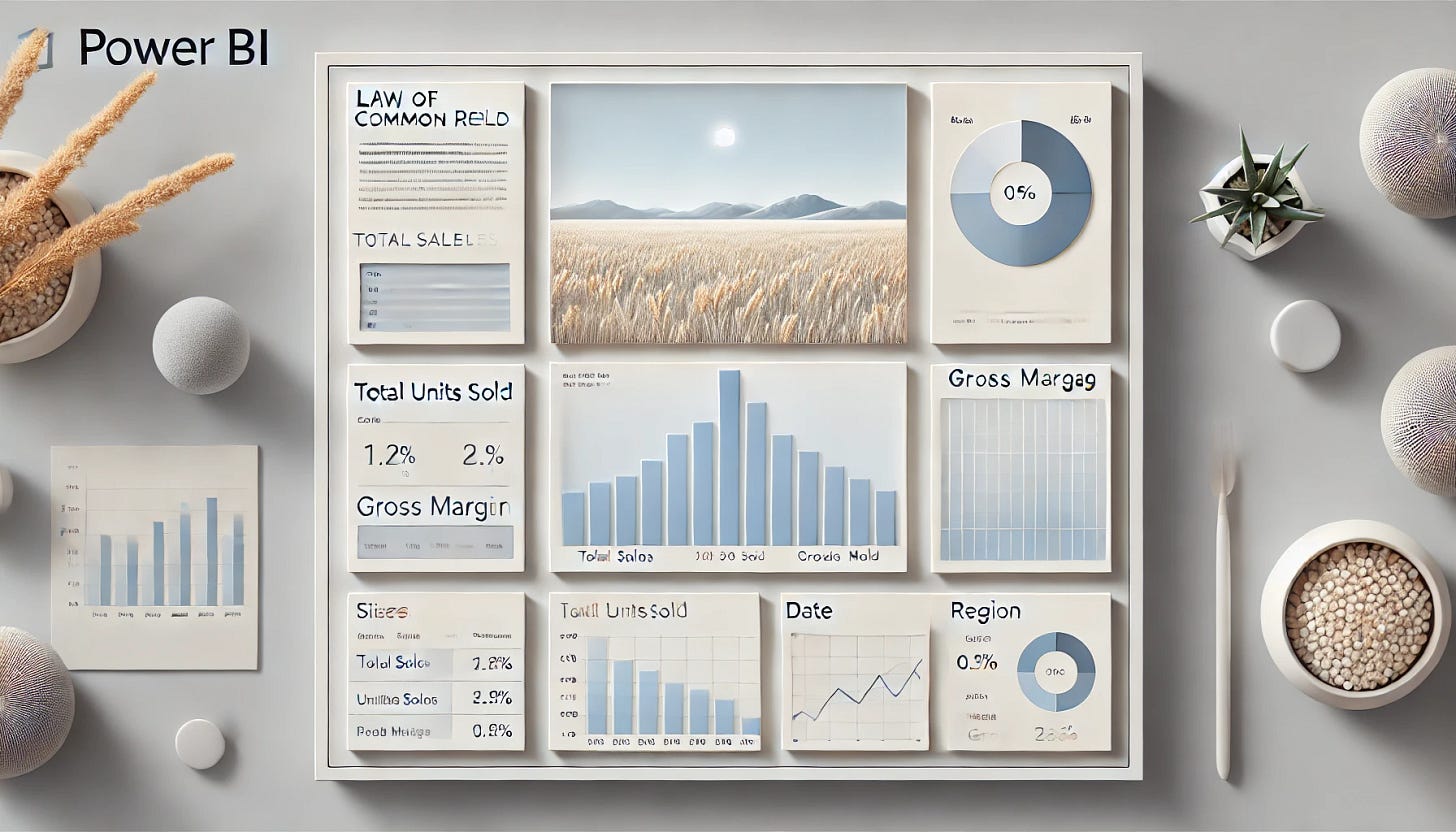 A simplified and less cluttered Power BI dashboard design illustrating the Law of Common Region. The dashboard has clear, minimal sections with ample whitespace. A top section contains three KPIs (Total Sales, Total Units Sold, and Gross Margin) grouped in a light blue box. On the left, a small panel for slicers (Date and Region) is placed in a soft gray background. The center features a single bar chart of monthly sales, highlighted with a thin border to focus attention. The overall layout is clean, with consistent design and no overlapping elements.