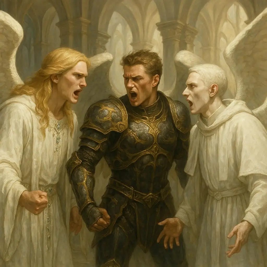 A handsome and very beautiful angel that has long blonde hair and wears a white robe that is adorned in jewels, another lean warrior angel who is covered in gold and black armor and is extremely muscular and another angel who is a high priest/cleric and is clean shaven, pale and has white hair and looks young and slim and all three standing and yelling angrily at each other in the main hall of a castle. realistic. heavenly. in heaven.